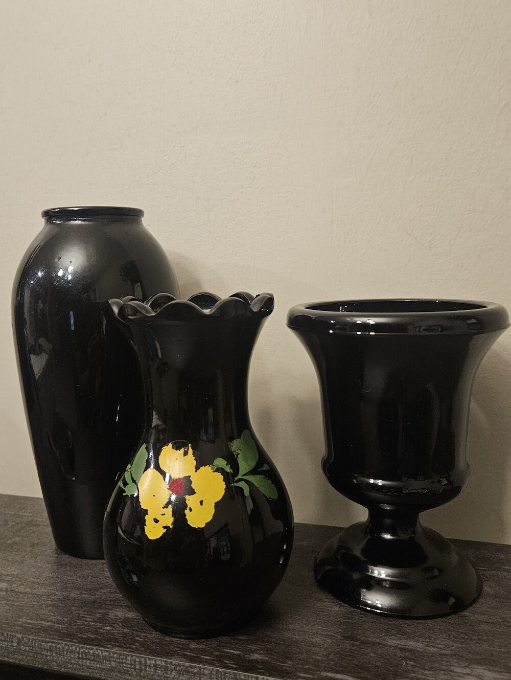 Vintage Black Amethyst Glass Vase Trio